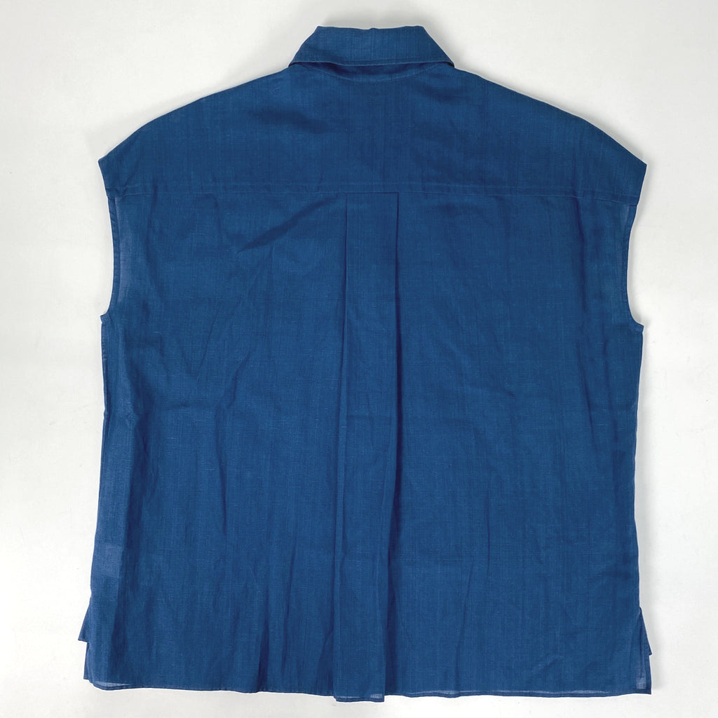 エルメス ロゴ ノースリーブ ブラウス サイドスリット シャツ トップス ブラウス 麻 綿 ブルー レディース 【中古】