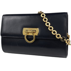 サルヴァトーレフェラガモ ガンチーニ チェーン ショルダーバッグ 2WAY クラッチバッグ ショルダーバッグ レザー ネイビー 7234 レディース 【中古】