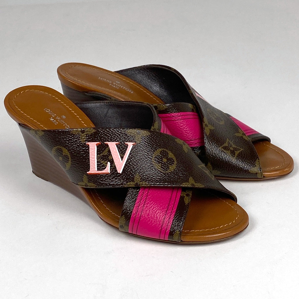 ルイ・ヴィトン モノグラム サンダル ウエッジソール パノラマライン ミュール LV 靴 サンダル モノグラム ブラウン ピンク レディース 【中古】brapp