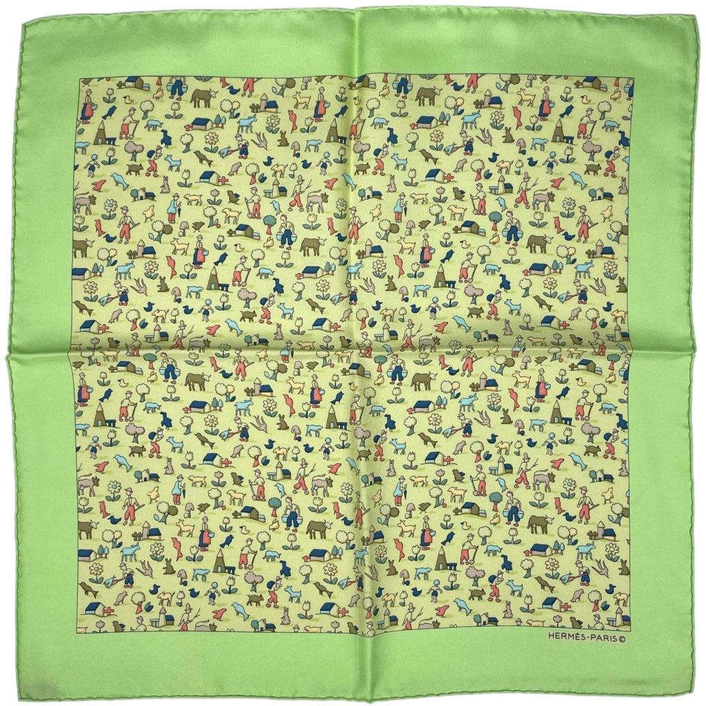 エルメス プチカレ 牧場柄 ハンカチ スカーフ シルク ライトグリーン マルチカラー レディース 【中古】 brbag
