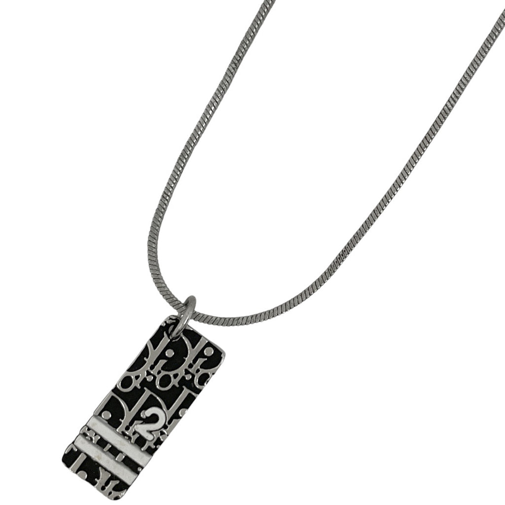 クリスチャンディオール ロゴ プレート ネックレス トロッター柄 ネックレス シルバーメッキ シルバー ブラック レディース 【中古】bracc