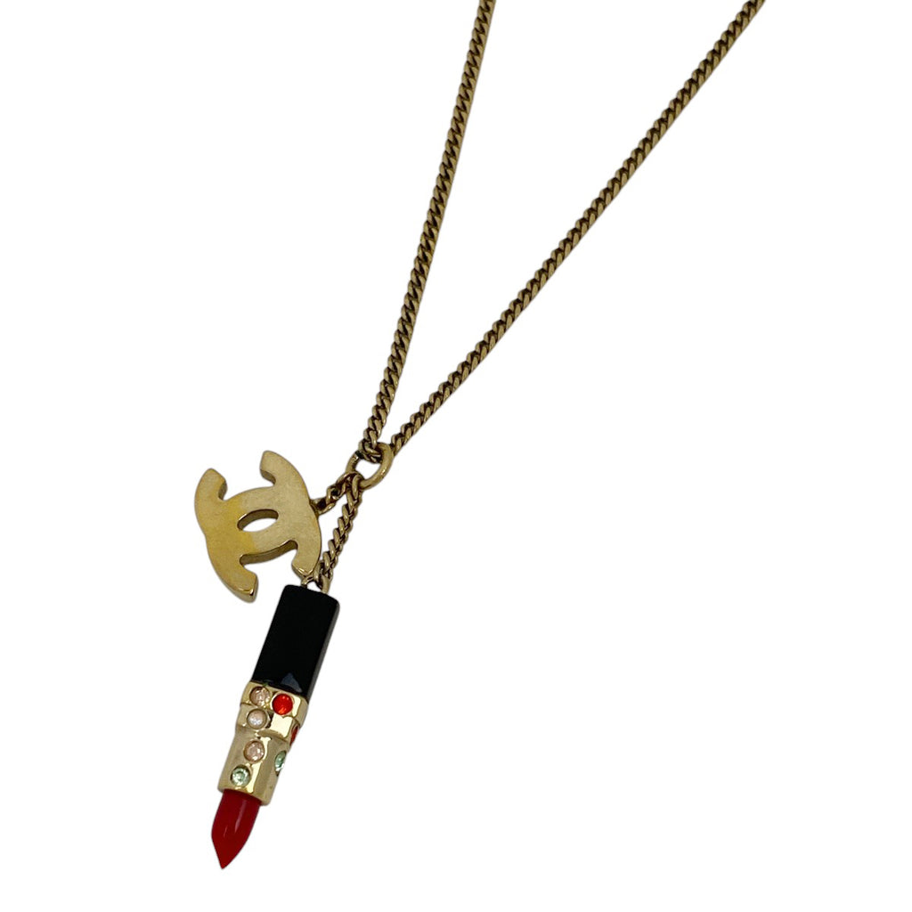 シャネル ココマーク ネックレス 口紅 リップ カラーストーン ネックレス GP ゴールド レディース 【中古】 bracc
