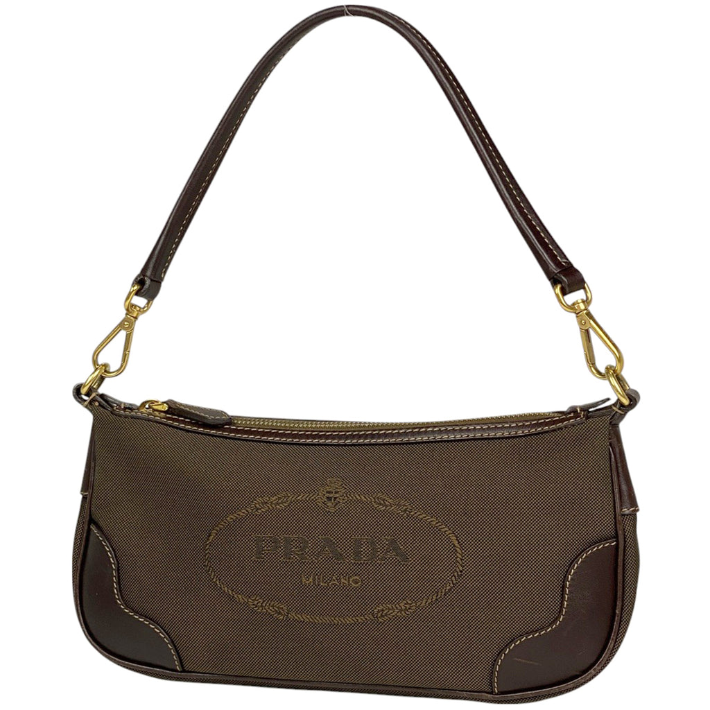 プラダ ロゴ ハンドバッグ ポーチ ジャガード ハンドバッグ キャンバス ブラウン レディース 【中古】brbag
