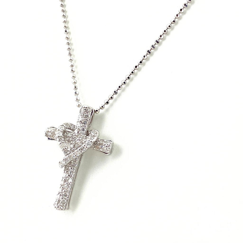クロスモチーフ デザインネックレス WG ホワイトゴールド ペンダント メレダイヤ 十字架 ハート ネックレス K18 WG ダイヤモンド レディース 【中古】nbjwl