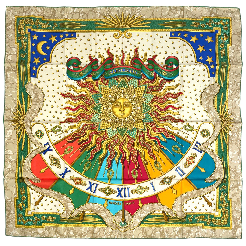 エルメス カレ 90 CARPE DIEM 今日一日を楽しむ 太陽 月 星 スカーフ シルク グリーン マルチカラー レディース 【中古】brbag