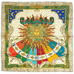 エルメス カレ 90 CARPE DIEM 今日一日を楽しむ 太陽 月 星 スカーフ シルク グリーン マルチカラー レディース 【中古】brbag