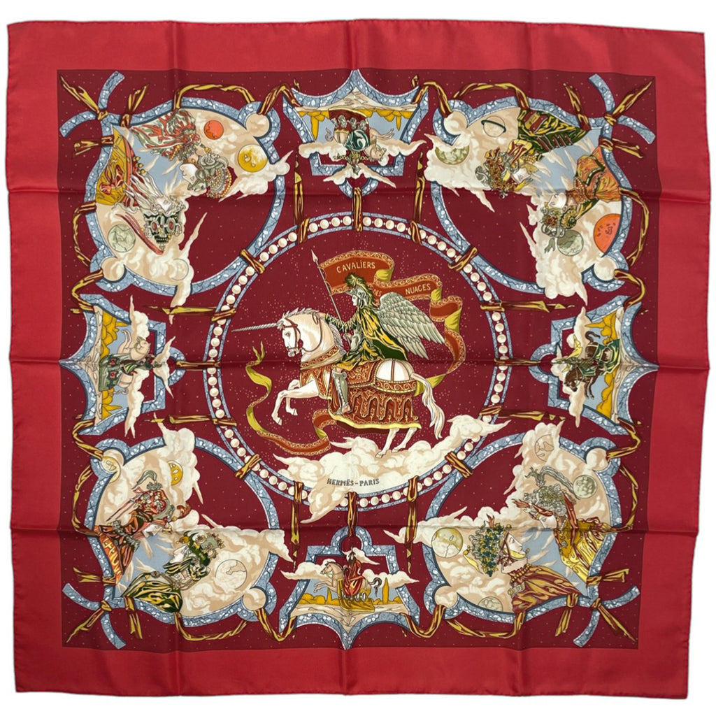 エルメス カレ 90 CAVALIERS DES NUAGES 雲の騎士 スカーフ シルク レッド マルチカラー レディース 【中古】brbag