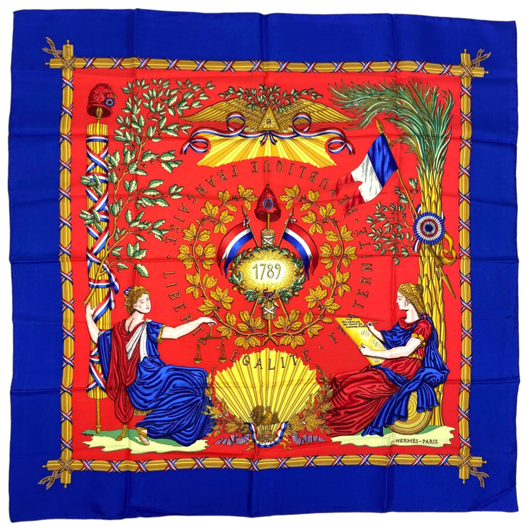 エルメス カレ 90 LIBERTE EGALITE FRATERNITE REPUBLIQUE FRANCAISE 1789 1789年フランス革命を記念して スカーフ シルク ブルー レッド マルチカラー レディース 【中古】brbag