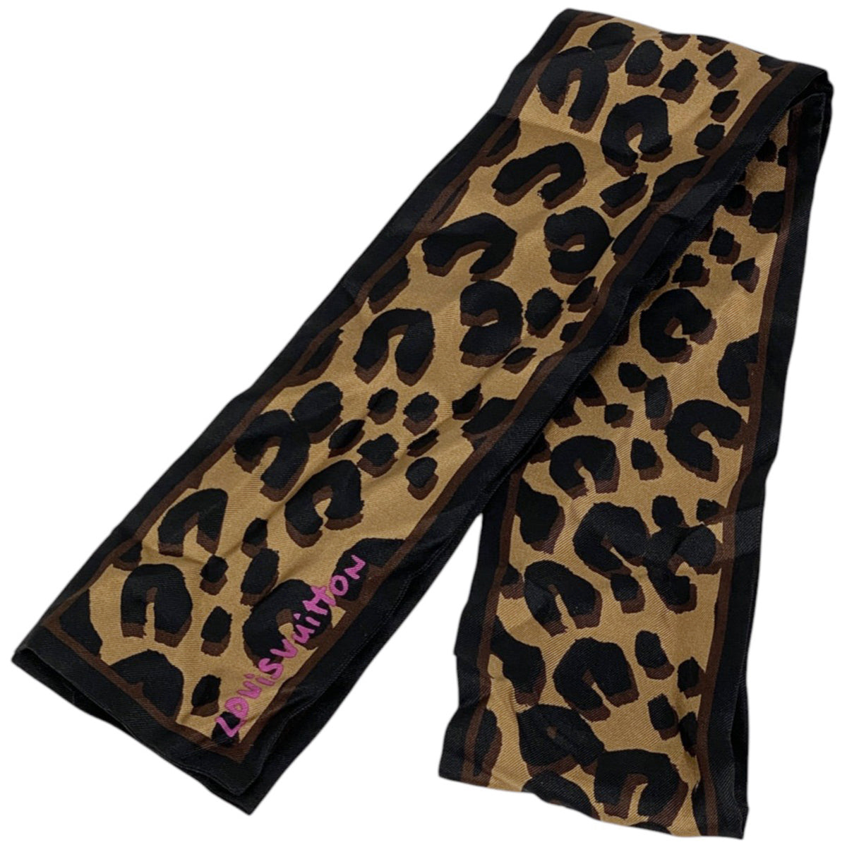 ￼ルイヴィトン正規品バンドーレオパードシルク100%リボンスカーフ バイセル公式】ルイ・ヴィトン バンドー レオパード柄 リボン