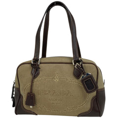 プラダ ロゴ ショルダーバッグ ジャガード ショルダーバッグ キャンバス ベージュ ダークブラウン レディース 【中古】brbag