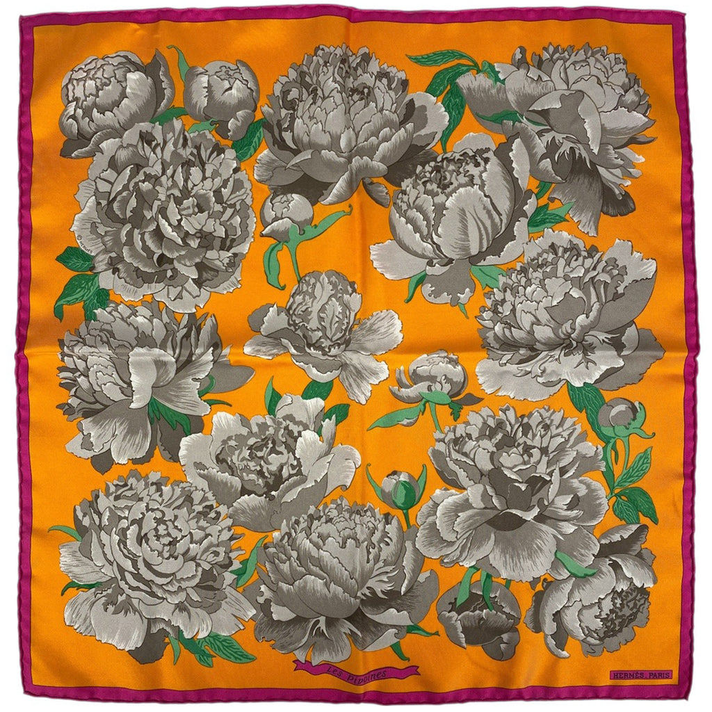 エルメス プチカレ Les Pivoines 芍薬 牡丹 花柄 フラワー柄 スカーフ シルク オレンジ マルチカラー レディース 【中古】brbag