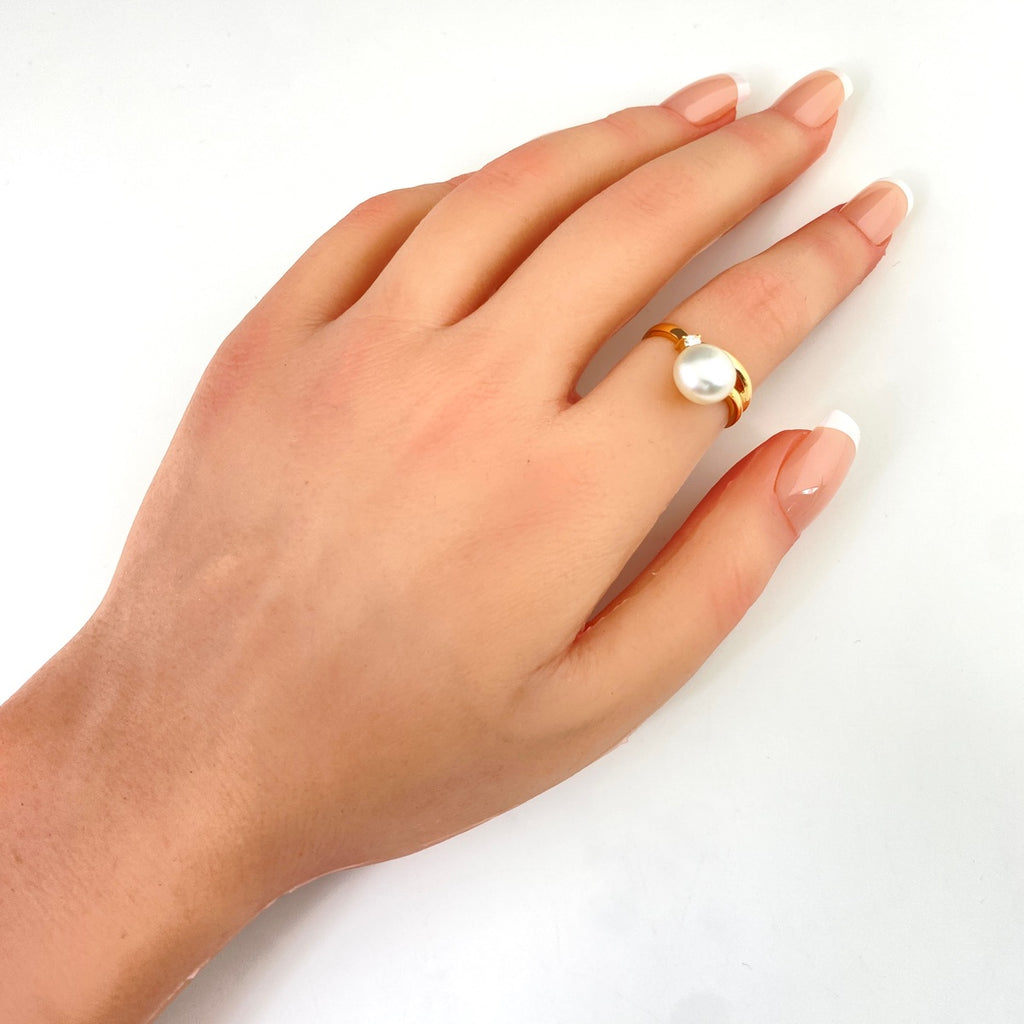 タサキ パール デザインリング YG イエローゴールド 指輪 メレダイヤ 真珠 リング 12.5号 K18 パール ダイヤモンド レディース 【中古】brjwl