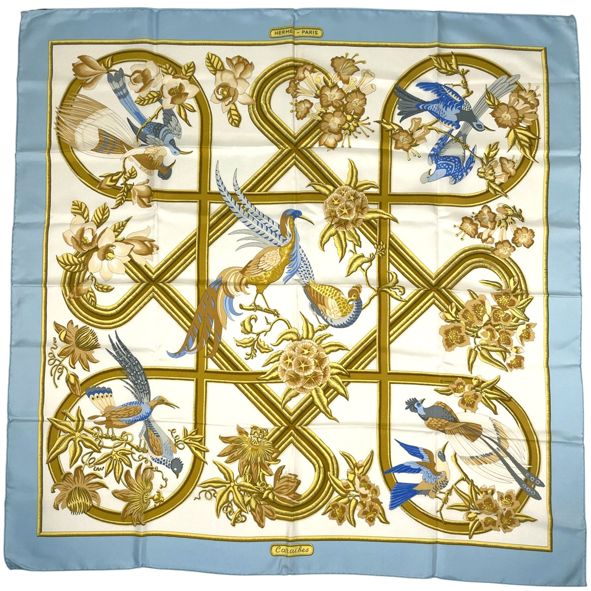 BEAUTE エルメス カレ 90 カリブ鳥 スカーフ シルク ブルー HERMES エルメス スカーフ レディース シルク カレ90 大判