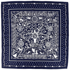 エルメス Peuple du Vent バンダナ 風の民 花柄 馬 カレ スカーフ シルク ネイビー ホワイト レディース 【中古】brbag