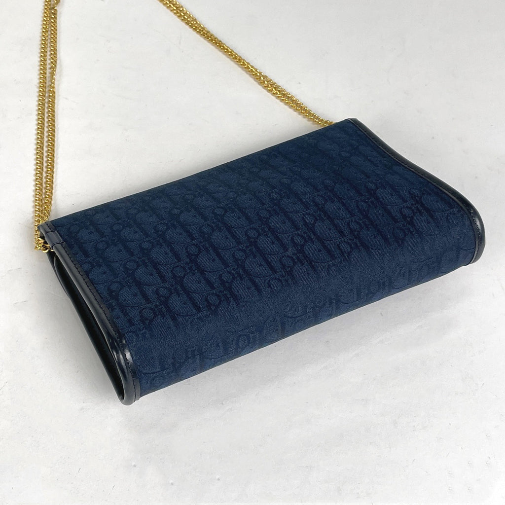 クリスチャンディオール トロッター柄 チェーン ショルダーバッグ 2WAY クラッチ ロゴ ショルダーバッグ キャンバス ネイビー レディース 【中古】brbag