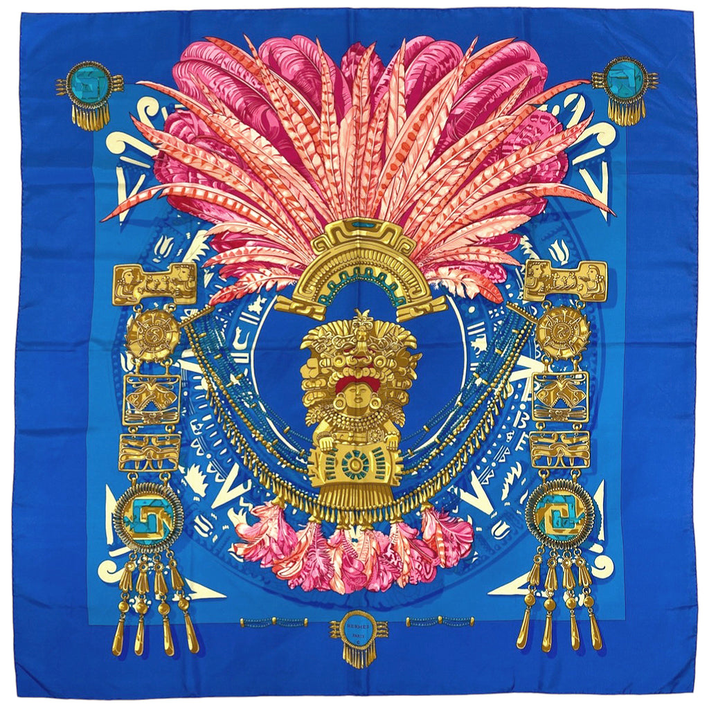 エルメス カレ 90 羽飾り柄 インカ 仏像 Mexique スカーフ シルク ブルー ピンク マルチカラー レディース 【中古】brbag
