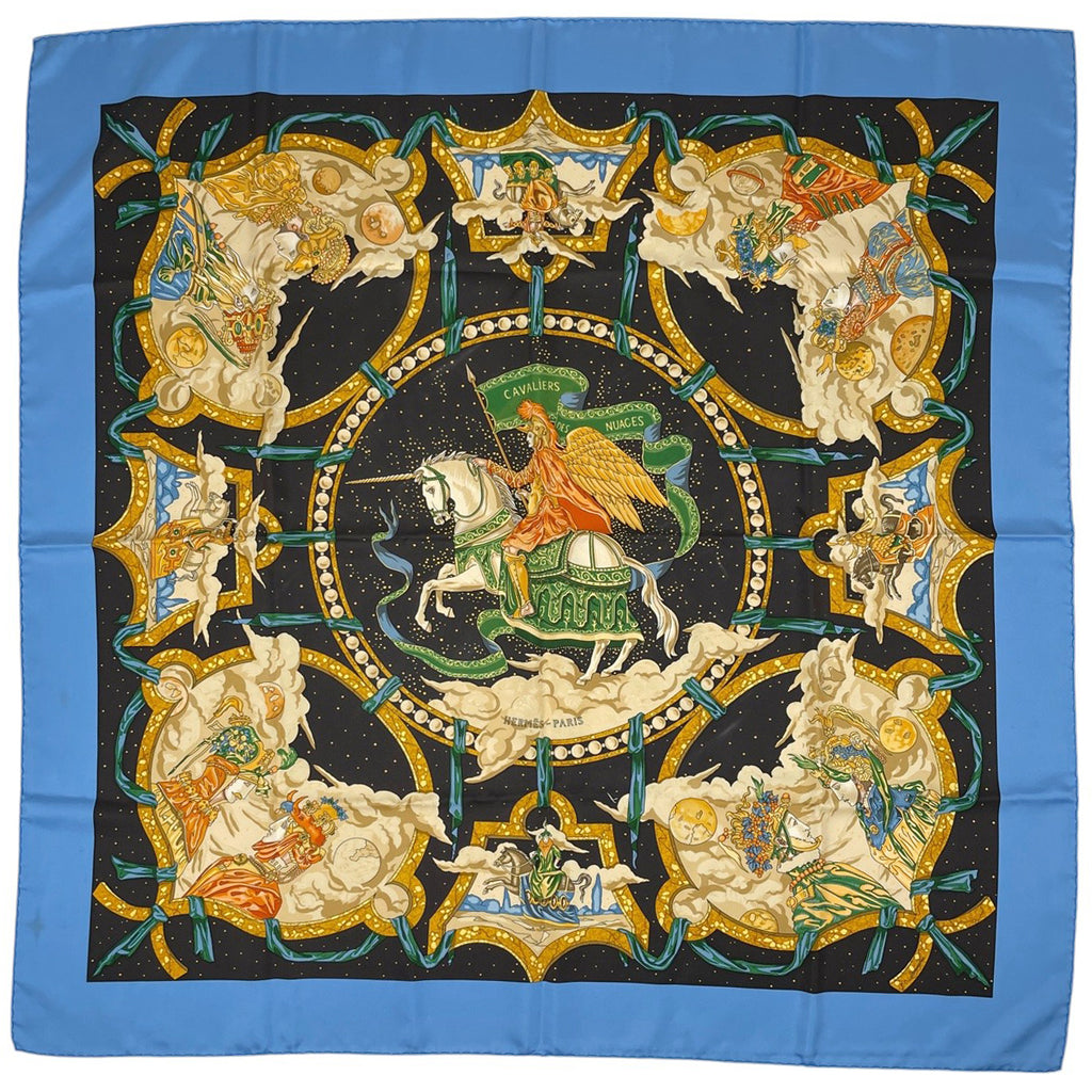エルメス カレ 90 CAVALIERS DES NUAGES 雲の騎士  スカーフ シルク ブルー マルチカラー レディース 【中古】brbag