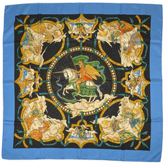 エルメス カレ 90 CAVALIERS DES NUAGES 雲の騎士  スカーフ シルク ブルー マルチカラー レディース 【中古】brbag