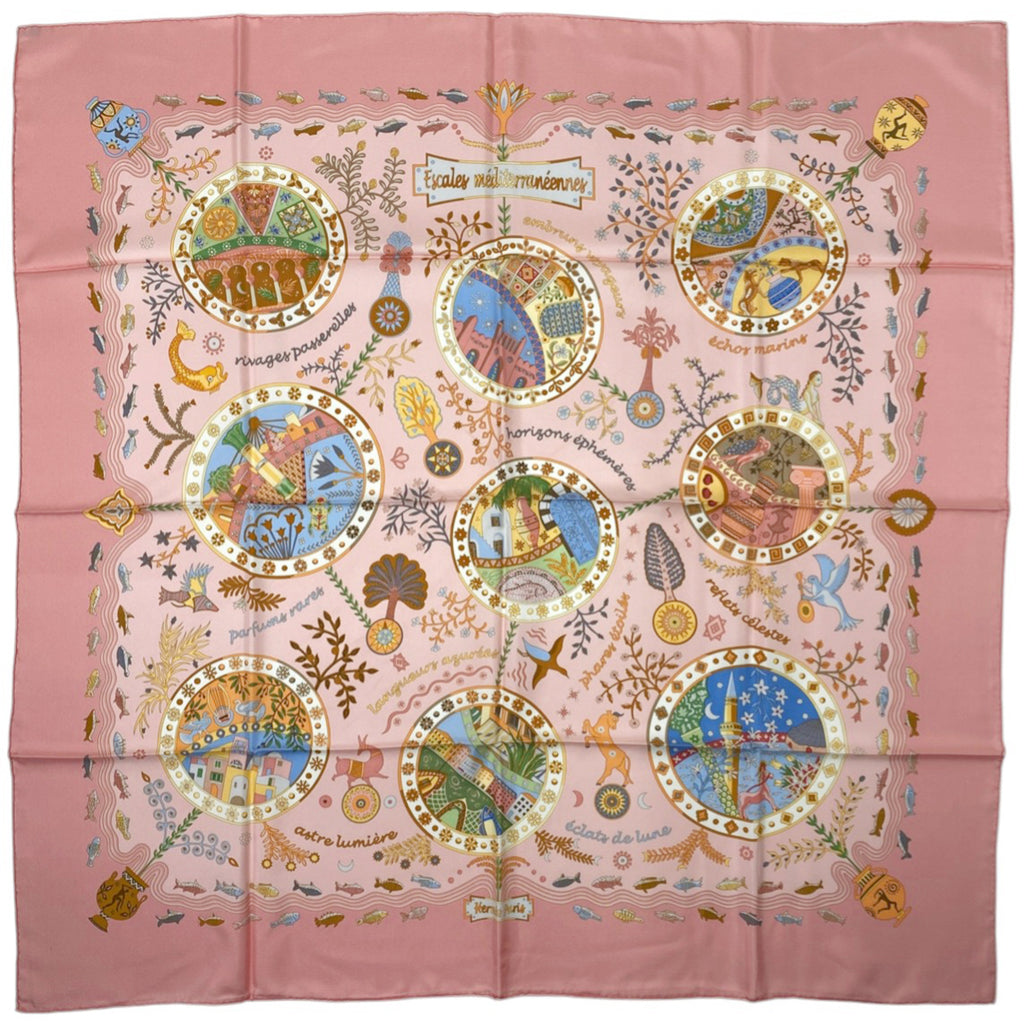 エルメス カレ 90 Escales mediterraneennes 地中海の港町 スカーフ シルク ピンク マルチカラー レディース 【中古】brbag