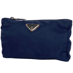 プラダ ロゴプレート ポーチ メイク コスメ 小物入れ 化粧ポーチ ナイロン ネイビー レディース 【中古】brbag