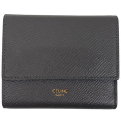 セリーヌ スモール トリフォールド ウォレット ロゴ 三つ折り財布 レザー グレー レディース 【中古】brbag