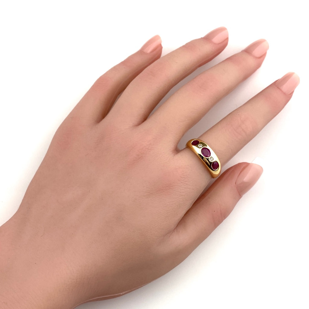 ルビー デザインリング YG イエローゴールド メレダイヤ 指輪 リング 17号 K18 ルビー ダイヤモンド レディース 【中古】nbjwl