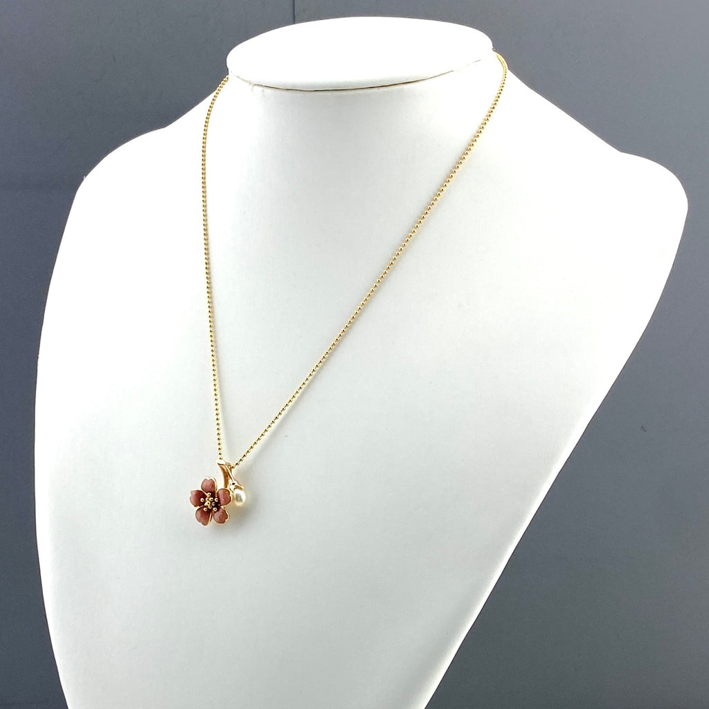 ミキモト フラワーモチーフ デザインネックレス YG イエローゴールド ペンダント 花 真珠 ネックレス K18 パール レディース 【中古】brjwl