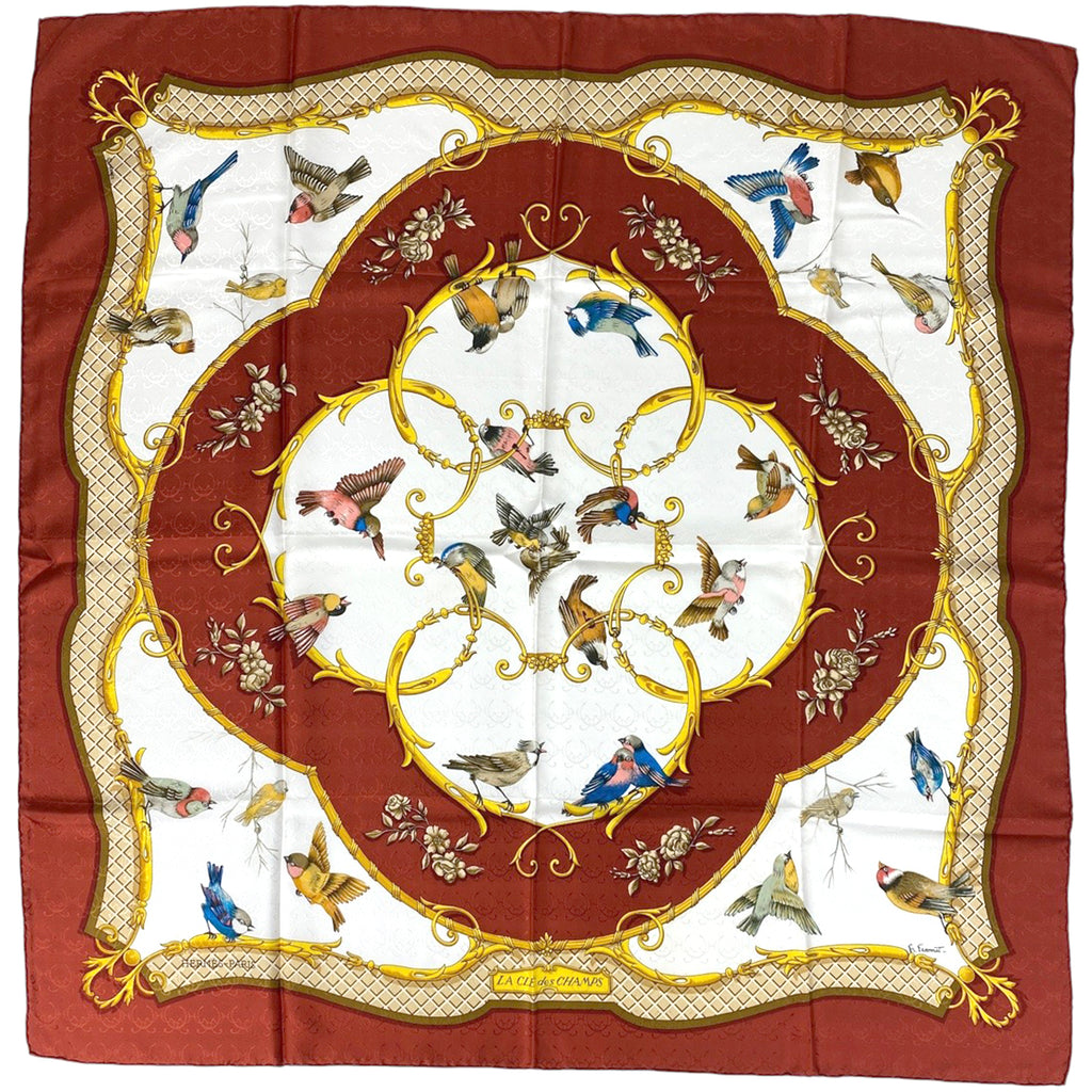 エルメス カレ 90 LA CLE des CHAMPS 自由の天地への鍵 鳥柄 スカーフ シルク レッドブラウン マルチカラー レディース 【中古】brbag
