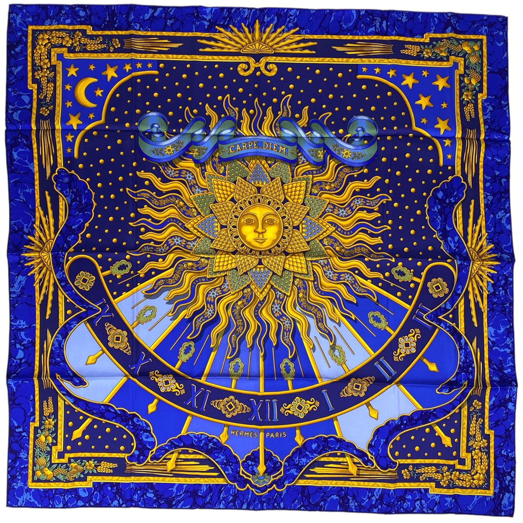 エルメス カレ 90 CARPE DIEM 今日一日を楽しむ 太陽 月 星 スカーフ シルク ブルー マルチカラー レディース 【中古】brbag