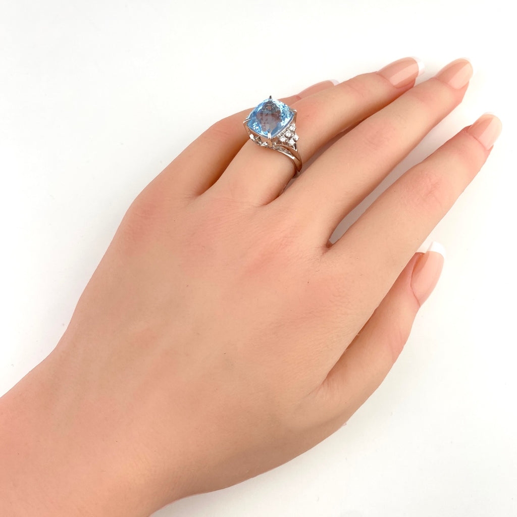 タサキ アクアマリン デザインリング プラチナ 指輪 メレダイヤ リング 11.5号 Pt900 アクアマリン ダイヤモンド レディース 【中古】brjwl