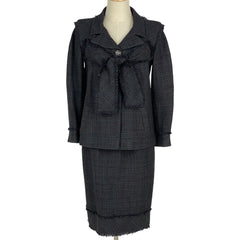 シャネル ツイード セットアップ ココマーク フリンジ 09P セットアップ スカートスーツ シルク リネン コットン ブラック レディース 【中古】brapp