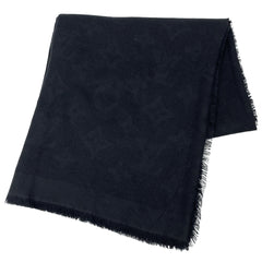 ルイ・ヴィトン モノグラム柄 ショール 大判 フリンジ スカーフ ストール ウール シルク ブラック レディース 【中古】brbag