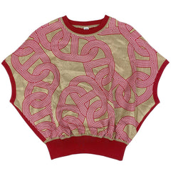 エルメス ニット切り替え カットソー 総柄 フレンチスリーブ トップス カットソー 絹 レッド ベージュ レディース 【中古】brapp