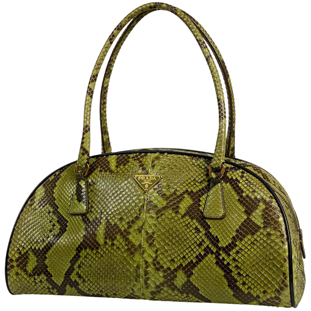 プラダ ロゴプレート ハンドバッグ パイソン ハンドバッグ パイソン グリーン レディース 【中古】brbag