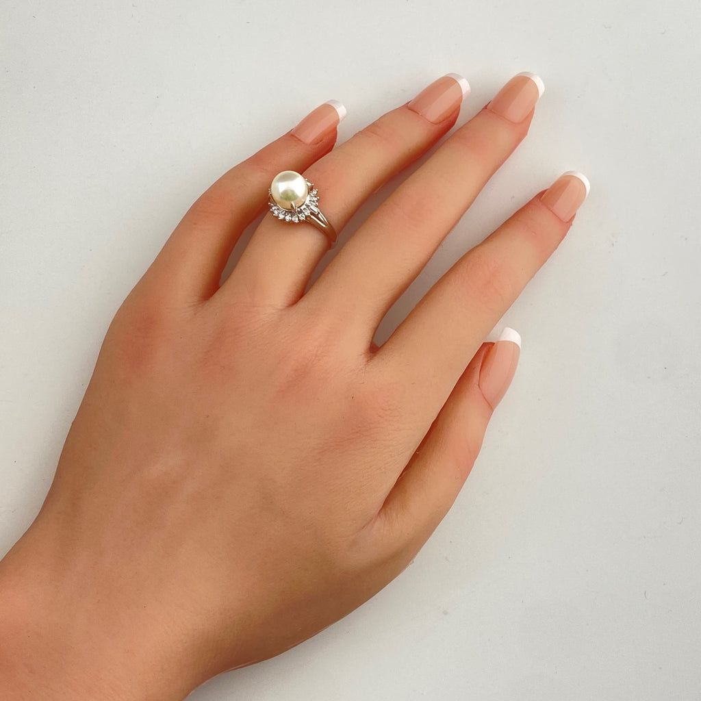 パール デザインリング プラチナ メレダイヤ 指輪 真珠 リング 12号 Pt900 パール ダイヤモンド レディース 【中古】nbjwl