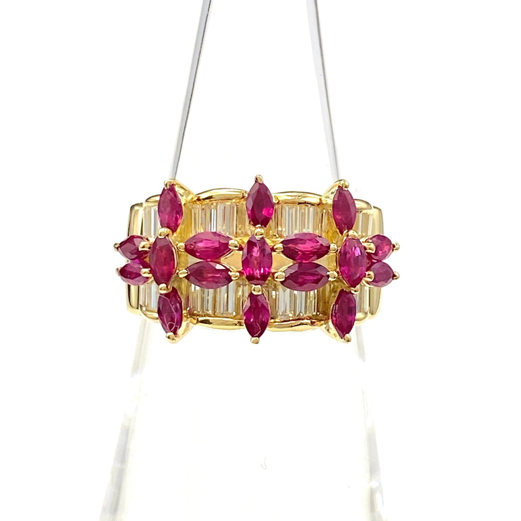 フラワーモチーフ デザインリング YG イエローゴールド 指輪 ルビー メレダイヤ 花 リング 10.5号 K18 ルビー ダイヤモンド レディース 【中古】nbjwl