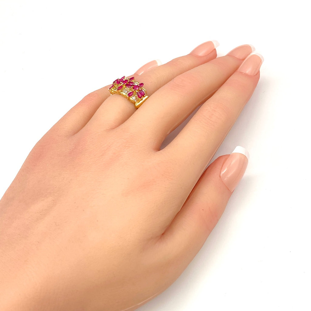 フラワーモチーフ デザインリング YG イエローゴールド 指輪 ルビー メレダイヤ 花 リング 10.5号 K18 ルビー ダイヤモンド レディース 【中古】nbjwl