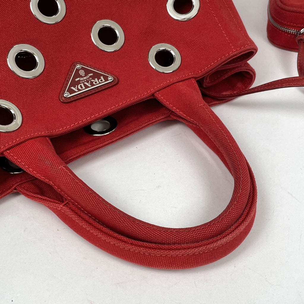 プラダ カナパ トート 2WAY ショルダーバッグ パンチング トートバッグ キャンバス レッド レディース 【中古】brbag