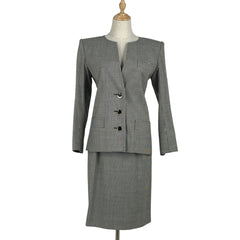 イヴ・サンローラン ギンガムチェック セットアップ ノーカラー ひざ丈スカート セットアップ スカートスーツ 毛 ブラック ホワイト レディース 【中古】brapp