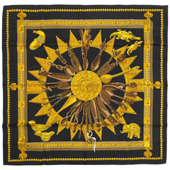 エルメス カレ 90 CUILLERS D'AFRIQUE アフリカのスプーン スカーフ シルク ブラック イエロー レディース 【中古】brbag