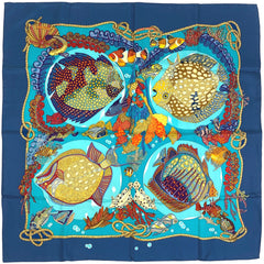 エルメス カレ 90 Grands Fonds 深海 魚 スカーフ シルク ブルー マルチカラー レディース 【中古】brbag