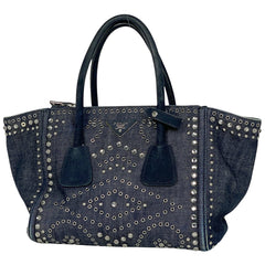 プラダ ロゴプレート ハンドバッグ スタッズ ビジュー トートバッグ ハンドバッグ デニム ブルー レディース 【中古】brbag