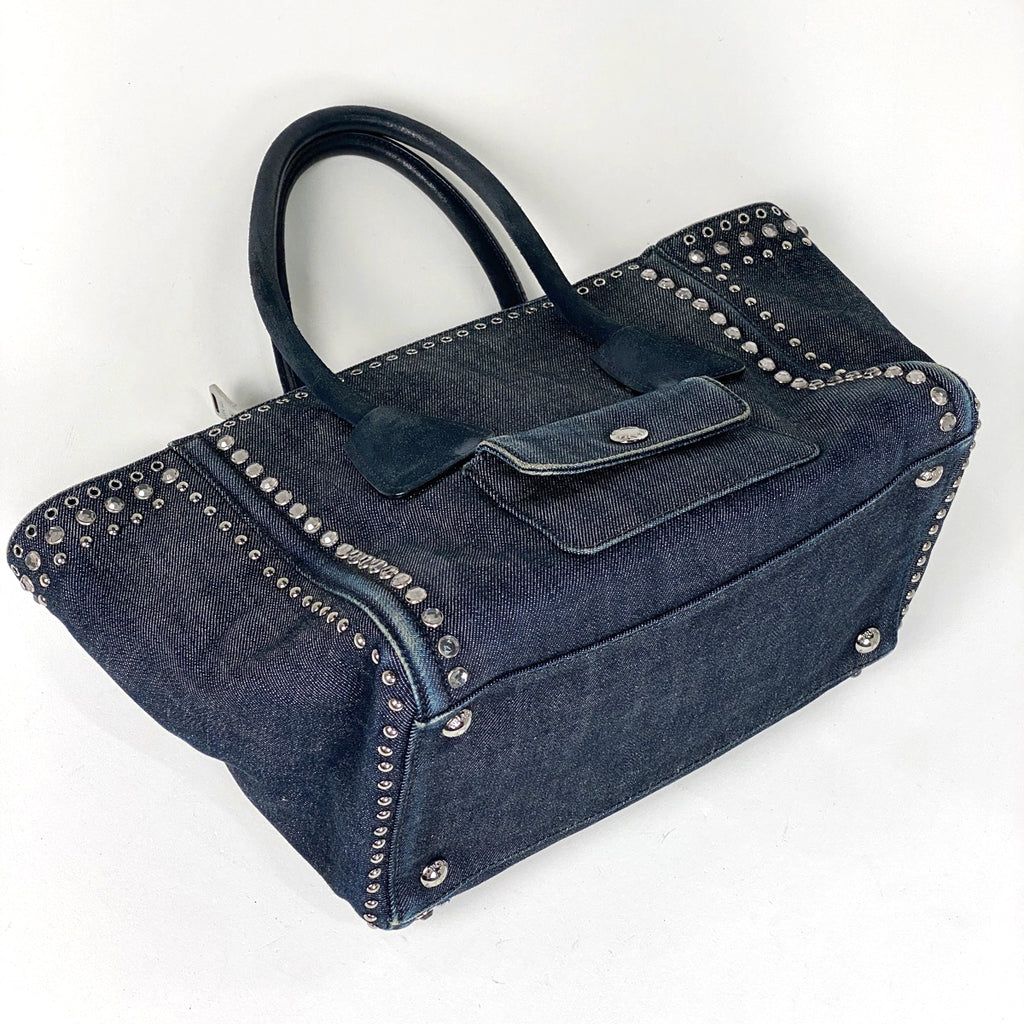 プラダ ロゴプレート ハンドバッグ スタッズ ビジュー トートバッグ ハンドバッグ デニム ブルー レディース 【中古】brbag