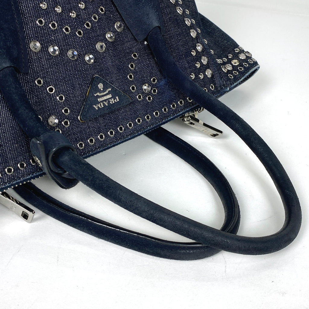 プラダ ロゴプレート ハンドバッグ スタッズ ビジュー トートバッグ ハンドバッグ デニム ブルー レディース 【中古】brbag