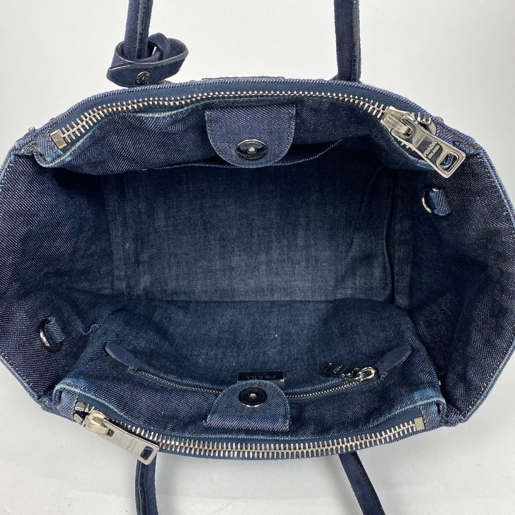 プラダ ロゴプレート ハンドバッグ スタッズ ビジュー トートバッグ ハンドバッグ デニム ブルー レディース 【中古】brbag