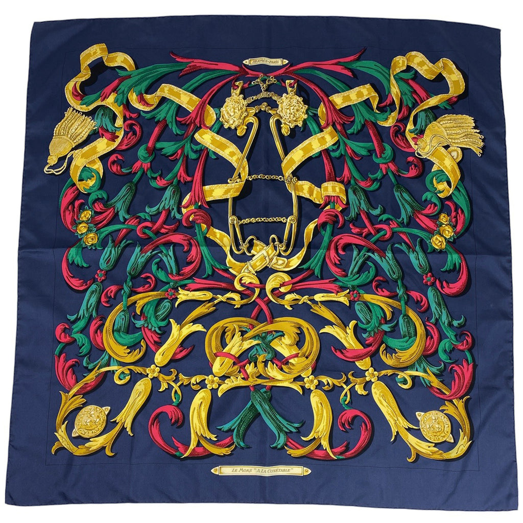 エルメス カレ 90 LE MORS A LA CONETABLE 轡の気品 クツワ 馬具 スカーフ シルク ネイビー マルチカラー レディース 【中古】brbag