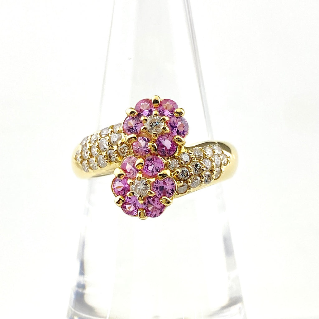 フラワーモチーフ デザインリング YG イエローゴールド 指輪 ピンクサファイア メレダイヤ 花 リング 12.5号 K18 ピンクサファイア ダイヤモンド レディース 【中古】nbjwl