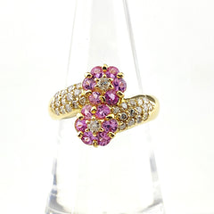 フラワーモチーフ デザインリング YG イエローゴールド 指輪 ピンクサファイア メレダイヤ 花 リング 12.5号 K18 ピンクサファイア ダイヤモンド レディース 【中古】nbjwl