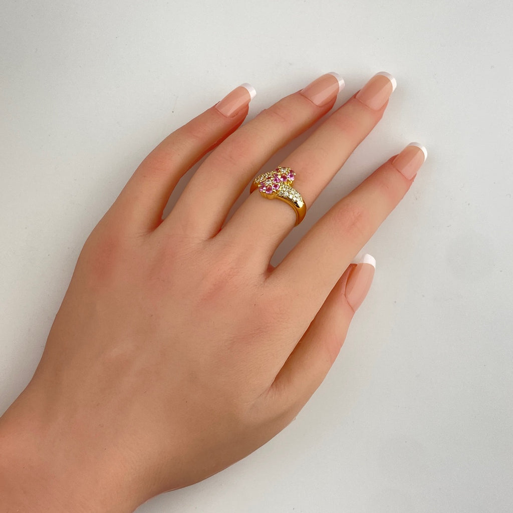 フラワーモチーフ デザインリング YG イエローゴールド 指輪 ピンクサファイア メレダイヤ 花 リング 12.5号 K18 ピンクサファイア ダイヤモンド レディース 【中古】nbjwl