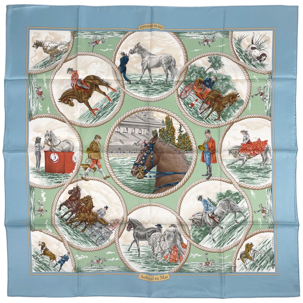 エルメス カレ 90 Auteuil en Mai オートュイユの5月 スカーフ シルク ライトブルー レディース 【中古】brbag